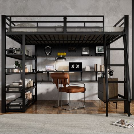 Letto a Soppalco 140x200 cm con Struttura in Metallo e Legno Nero (1/5)