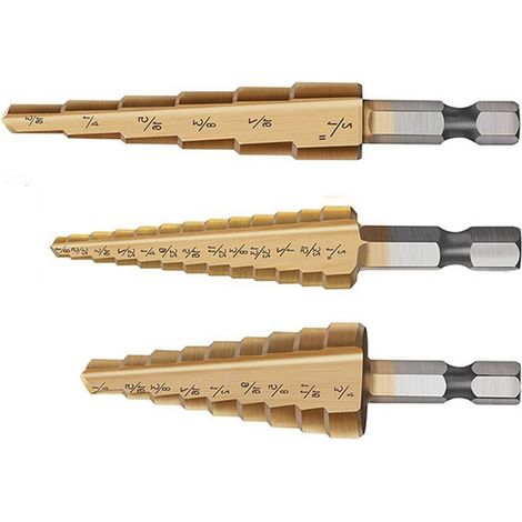3-teiliges Stufenbohrer-Set (Zoll, HSS, Ti-beschichtet, Sechskantschaft, Nut) mit Stoffbeutel (britisches System) (1/5)