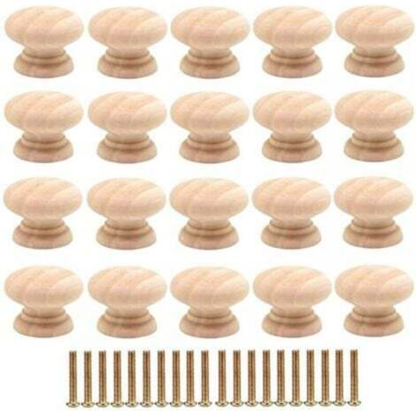 20pcs Poignée de tiroir ronde Poignée de meuble en bois de 35 mm, table de chevet d'armoire à tiroir de style simple, petite poignée à trou unique pour porte d'armoire avec vis (1/4)
