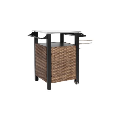 Desserte de Jardin en Résine Tressée Mobile avec Plan de Travail Inox et Placard Marron