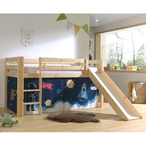 Cama media altura 90x200 con tobogán, somier y funda Space Vipack Pino Madera (1/4)