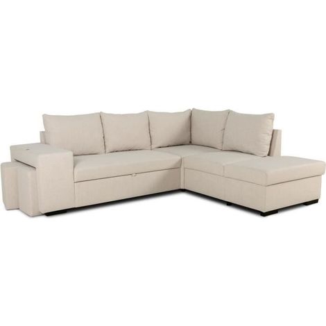 Canapé d'angle convertible réversible 4 places MITCHELL - Tissu Beige - L 247 x P 91 x H 205 cm - Coffre de rangement (1/5)