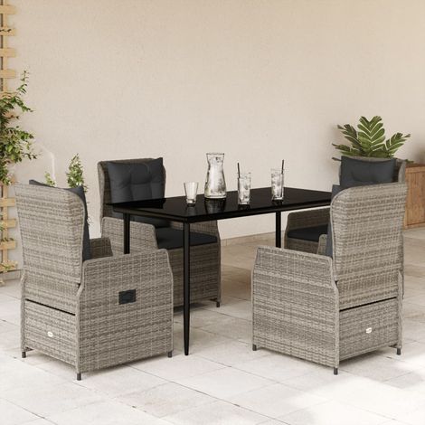 Ensemble repas de jardin 5 pièces en résine tressée, table noire, chaises et coussins gris - PANGIVO (1/5)