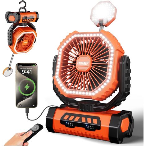 Ventilateur de Camping 20000mAh Rechargeable avec Lumière LED, USB Ventilateur Portable à 4 Vitesses avec Télécommande, Crochet et Minuterie pour Chambre, Bureau, Tente, Plage, Vacances - Orange (1/5)