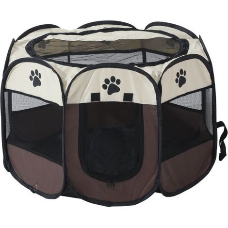 Tente pliable portable pour animaux, chenil chien brun, taille XL 114x114x58cm, abri extérieur avec sac de transport (1/5)