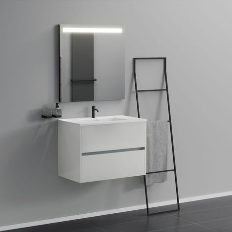 Inda - Badezimmerschrank 2 Schubladen L.80 mit beleuchtetem Spiegelwaschbecken - Glänzendes Weiß