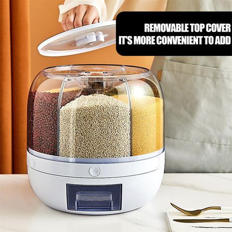 Boîte de rangement pour céréales et riz à 6 compartiments, avec couvercle rotatif et fermeture hermétique. Grande capacité, idéale pour la cuisine. (1/5)