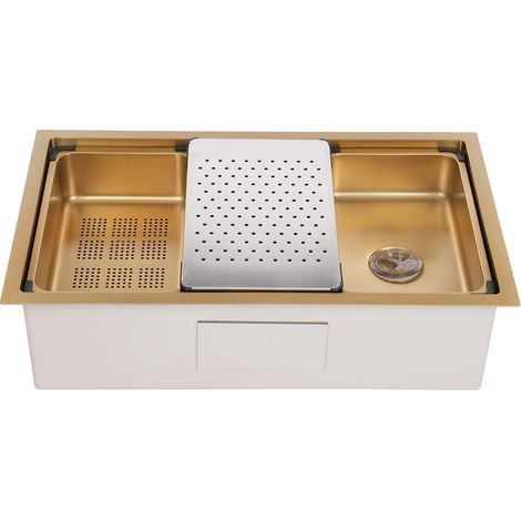Lavello da cucina da appoggio 76x45,8x22 cm, lavello in acciaio inox con cestello di scarico, accessori completi per lavello (oro)
