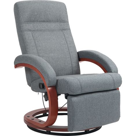 Fauteuil relax pivotant en tissu gris avec repose-pieds et accoudoirs en bois d'eucalyptus (1/5)