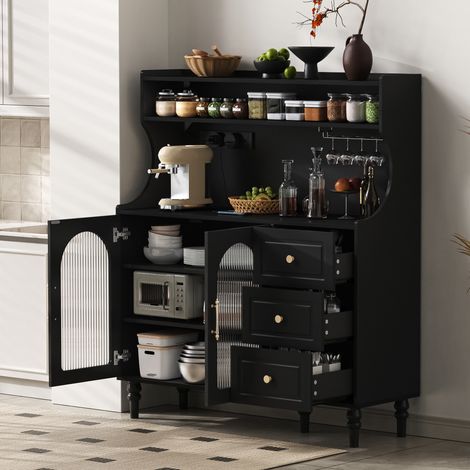 REDOM Credenza da cucina 120x40x138.5 cm, con prese e portabicchieri mobile alto con 3 cassetti, ripiani adattabili, MDF, nero