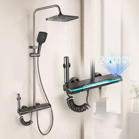 Colonne de Douche avec Affichage Numérique LED, Système de Douche 4 en 1, Réglable en Hauteur Intégrant une Douchette Hygiénique, Lumière d'ambiance Bleue (1/5)
