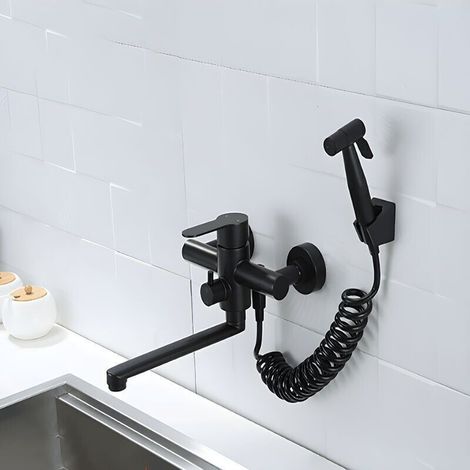 Grifo de cocina de acero inoxidable negro de primera calidad para montaje en pared, fácil instalación, control de temperatura dual, pico alargado para una limpieza completa: elegancia y durabilidad (1/4)