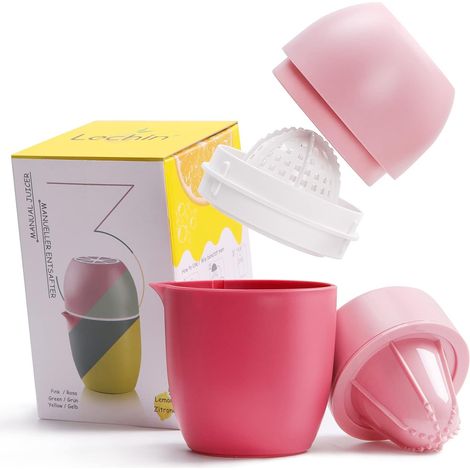 Presse-citron, presse-agrumes manuel, deux modes de pressage, rose Forme unique de citron, pour tous fruits, lavable en lave-vaisselle, avec passoire et récipient, 480 ml (1/5)