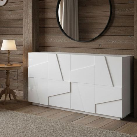Dmora - Aparador Dlanzar, Aparador de cocina con 4 puertas, Buffet de salón, 100% Made in Italy, cm 162x44h86, Blanco brillo (1/4)