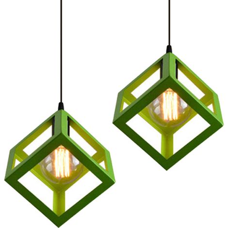 Lot de 2 Suspension Luminaire Moderne Lustre Forme Cube Lampe de Plafon de Style Géométrique en Métal E27 Plafonnier pour Chambre Salon Restaurant - 16CM, Vert BLOW (1/5)