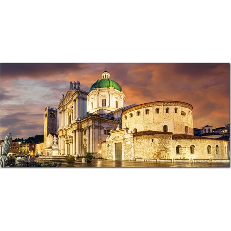 Lupia - Quadro moderno su Tela Canvas DEEP 65X143 cm, con paesaggi e localismi italiani, per casa, soggiorno, capezzale camera da letto, hotel, ufficio, BRESCIA - DUOMO NUOVO E VECCHIO (1/4)