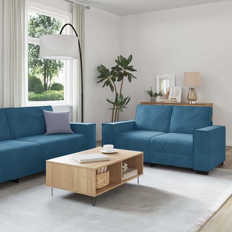 3-tlg. Sofagarnitur mit Kissen Blau Samt (1/5)