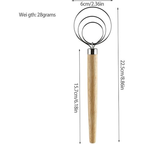 Mélangeur à farine à spirale avec manche en chêne de 23 cm, fouet danois, bâtonnet à farine, ustensile de cuisine pour la pâtisserie (1/4)