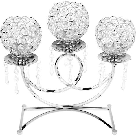 Bougeoir rond en métal et cristal à 3 bras, hauteur 35 cm, pour mariages, événements, artisanat, couleur argent (1/4)
