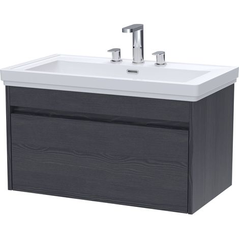 Swainsley Contemporary Wall Hung 1 Drawer Vanity Unit with Traditional 3 Tap Hole Fireclay Basin, 800mm, Graphite Grey Woodgrain (1/4)