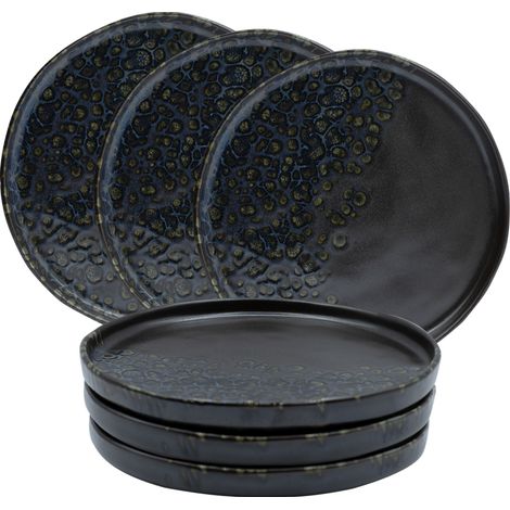 Set 6 Piatti Dessert in Porcellana Nero con Dettagli Blu e Oro – Ø 20,5 cm - Piattini Eleganti per Dolci, Torte e Insalate (1/5)