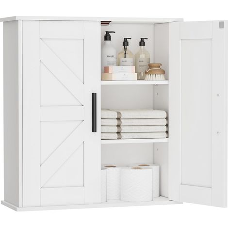 Armoire Murale Salle de Bain avec Portes Style Grange, Blanche (1/5)