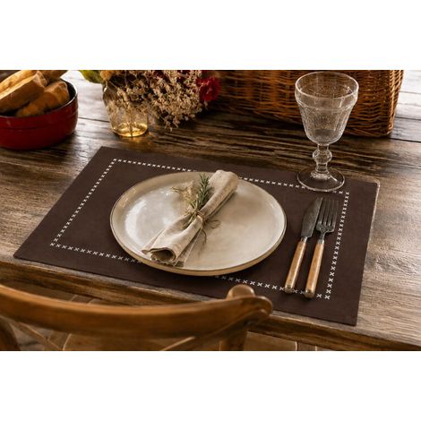 Set de table chocolat en coton brodé – Collection Zoé - 33x48cm - Chocolat (1/2)
