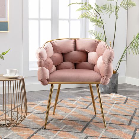 Chaise d'appoint en velours rose avec structure en metal dore, accoudoirs, charge max. 150 kg,73x56x75 cm (1/5)