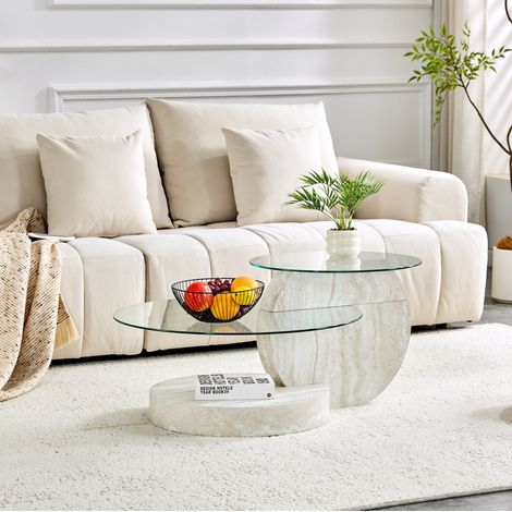Mesa baja de dos niveles en vidrio de seguridad, estructura de MDF, gris claro DESVIAE (1/5)