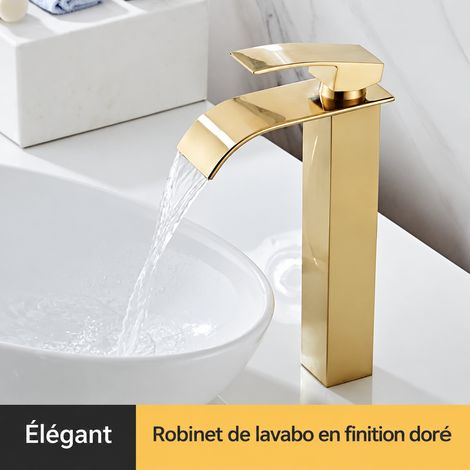 Mitigeur lavabo cascade carré modèle rehaussé doré pour vasque à poser sans tuyaux d'arrivée d'eau 36,5 × 21 × 7,5 cm 1 kg – Livraison gratuite (1/5)