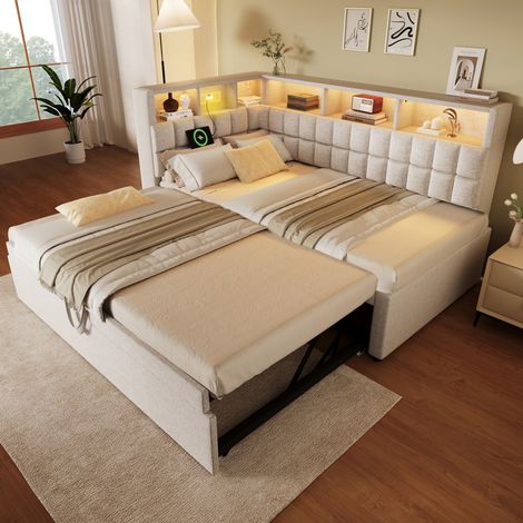 Schlafsofa 90x200 cm Beige aus Leinen-Baumwolle mit Ausziehbett, LED, Bluetooth und USB-C (1/5)