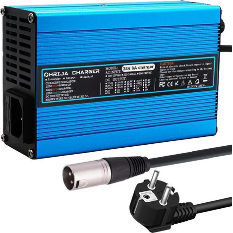 Les chargeurs 24 V 8 A sont adaptés aux accumulateurs de plomb de 27,6 V. Chargeur de maintien pour fauteuil roulant. Extérieur bleu avec connecteur XLR 1+2 à 3 broches. (1/5)