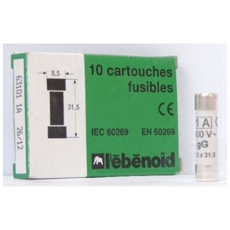 Fusible 1A cartouche 8.5X31.5mm gG usage domestique (boite de 10) 20kA 400V sans voyant EBENOID 063101 (1/2)