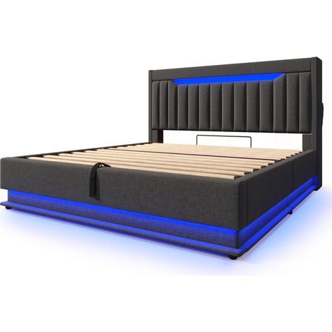 Gepolstertes Doppelbett 180x200 cm mit Stauraum, LED, USB und USB-C, grau, ohne Matratze (1/5)