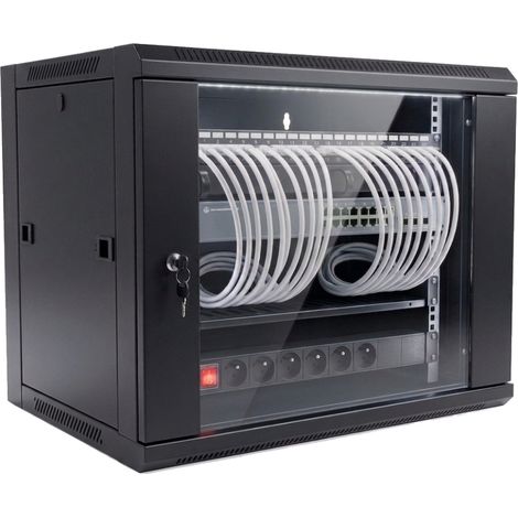 Coffret serveur 19" 9U prêt à l'emploi, 24 ports RJ45 cat6A avec switch et bloc d'alimentation