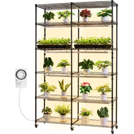 Étagère à plantes avec lampe de croissance, 6 niveaux double rangée, 180 cm, support en métal avec roues et minuterie, lumière LED 200W spectre complet pour semis et plantes d'intérieur. (1/5)