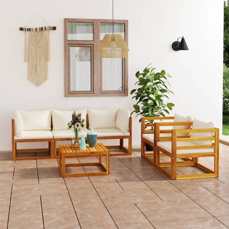 Salon de jardin 6 pcs,Mobilier de terrasse,Table et Chaise pour Relax avec coussin Crème Bois d'acacia solide -YZ781623 (1/5)