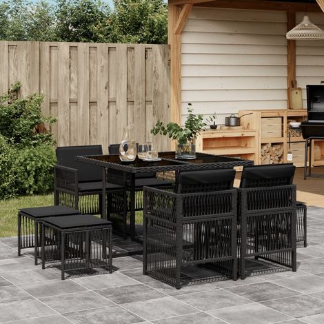Ensemble à manger de jardin 9 pcs-Salon de jardin-Ensemble repas d'extérieur coussins noir résine tressée 836592 (1/5)