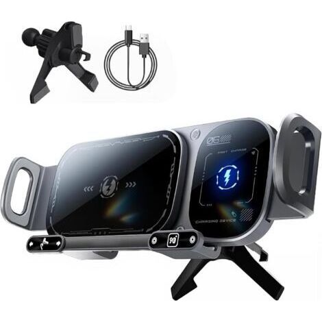 Support de téléphone rotatif 2 en 1 pour voiture - 15 W - Rotation en un clic - Support de téléphone portable pour smartphone / tablette / téléphone pliable - Noir (1/5)