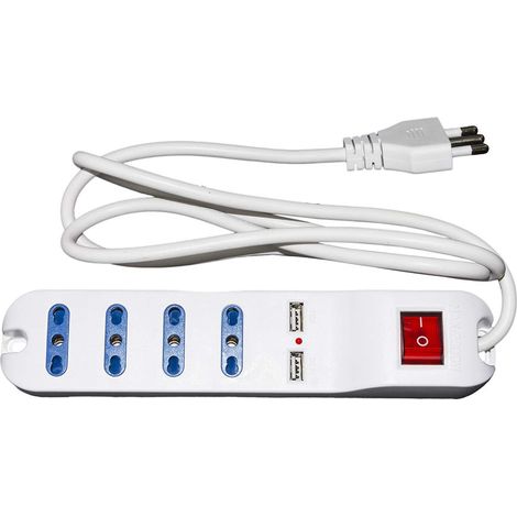 Multiprise 4 Prises universelles Ita 10/16 A à fiche 16 A avec Interrupteur avec 2 Prises USB