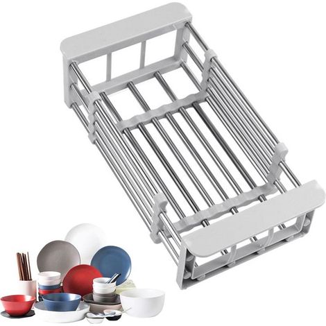 Escurridor de cocina retráctil de acero inoxidable - Escurridor de platos retráctil - Cesta de drenaje telescópica con reposabrazos ajustable - Estante de almacenamiento de acero inoxidable (1/5)