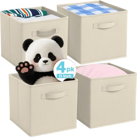 Cubes de rangement pliables en tissu avec poignées, 4 boîtes de rangement pour maison, chambre d'enfant, placard et organisation des jouets (Beige, 26,7 x 26,7 x 27,9 cm) (1/5)