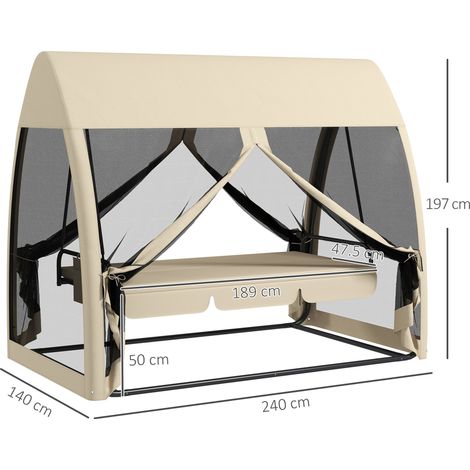 Balançoire Hollywood café 2-en-1 240×140×197cm,3 places inclinable avec baldaquin et moustiquaire,charge 300kg pour jardin terrasse.