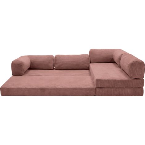 COSIMA - Canapé d'angle convertible petit velours côtelé 4 places Rose Gauche (1/5)