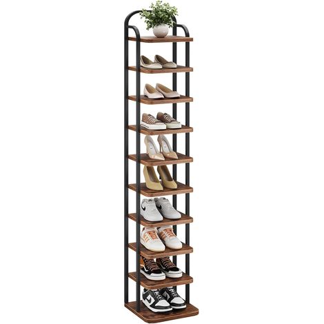 Dripex Étagère à chaussures verticale à 10 niveaux - Étagère à chaussures étroite en métal - Étagère réglable - Pour entrée, salon, couloir - Marron vintage - Noir (1/5)