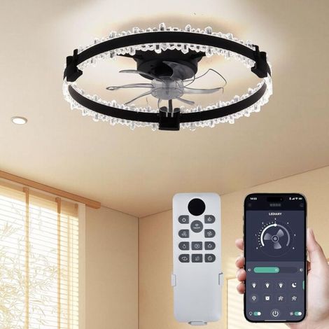 15W Ventilateur de Plafond Silencieux Rond à 7 Pales avec Lumière LED, Télécommande et Contrôle Par Application, Minuterie, Design avec Anneau en Acrylique(Noir) (1/5)