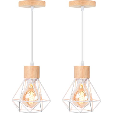 2PCS Pendant Light in Cage Diamond Made of Metal E27 Ceiling Light in Wood for Kitchen Island Dining Room White (1/5)