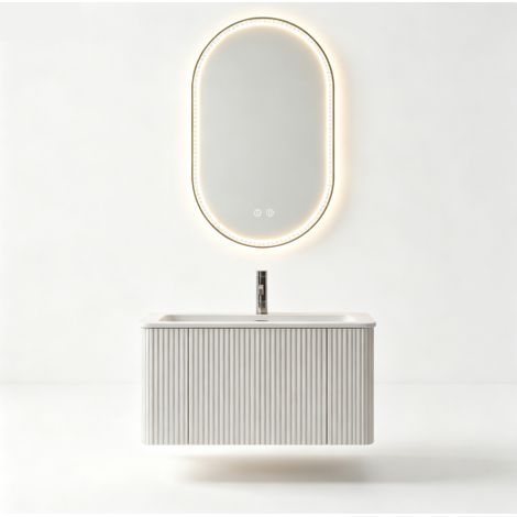 Set mobile bagno sospeso bianco 80 cm con lavabo integrato e specchio LED ovale 50 x 80 cm (1/5)