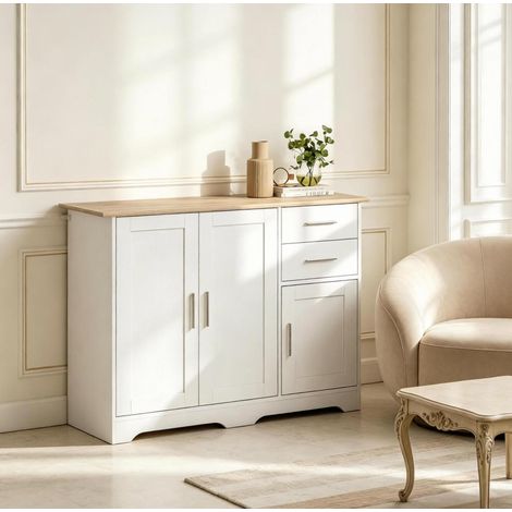 Credenza con 2 cassetti e 2 ante 100 x 40 x 78 cm bianco e effetto legno naturale HAVRYA (1/5)
