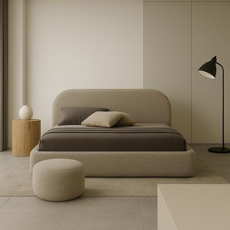 Design-Bett “MOON” – Eleganz Beige Polsterbett in Beige 200x200 Holzlattenrost mit Bettkasten und Stauraum mit dem Aufheben (1/5)